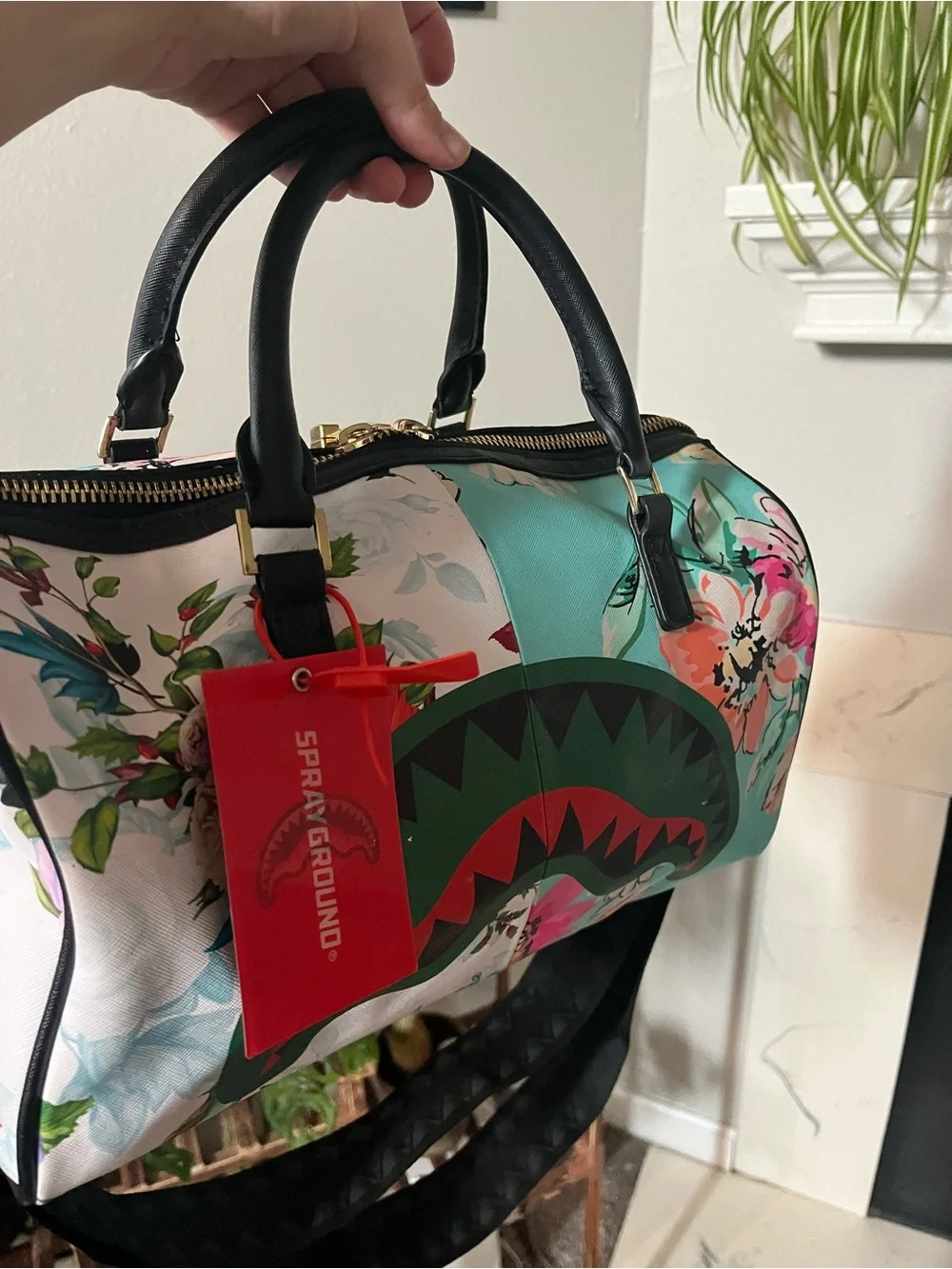 Sprayground Floral Shark Satchel in Teal, Black, Pink